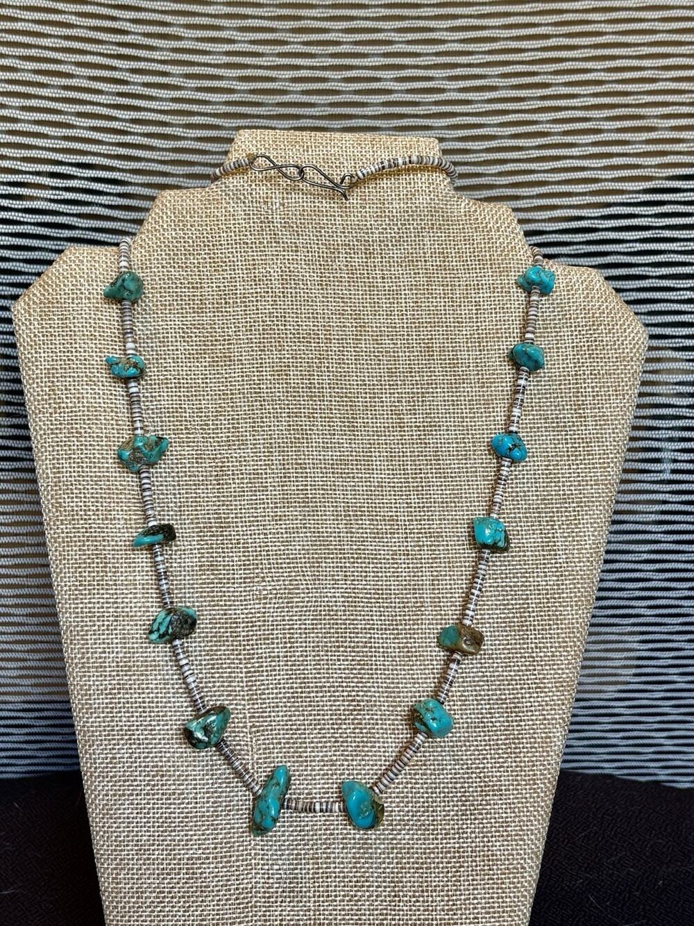 Vintage Southwestern Navajo Turquoise Nugget Heishi Shell Silver Necklace 28”